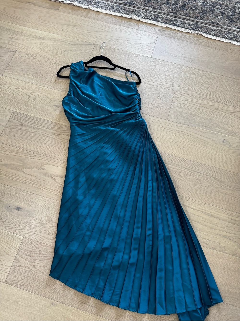 MOTF Teal One-Shoulder Pleated Asymmetrical Midi Dress
